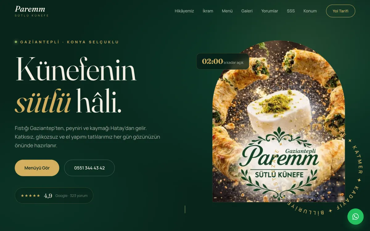 Paremm Sütlü Künefe web sitesi ekran görüntüsü